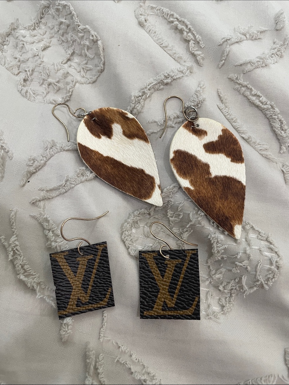 Handcrafted Cowhide Teardrop Earrings - Brown & White